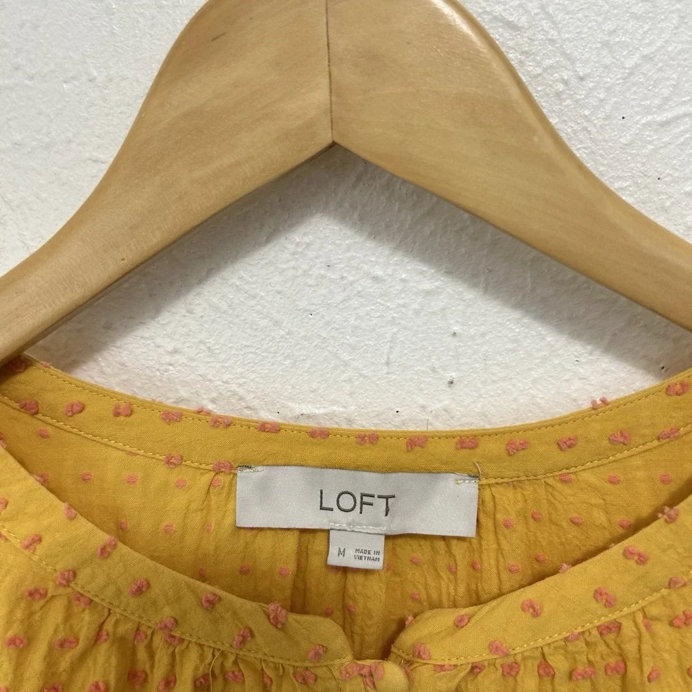 LOFT Yellow Dotted Textured Cotton Blouse Top Button- Up Placket Puff Sleeves M